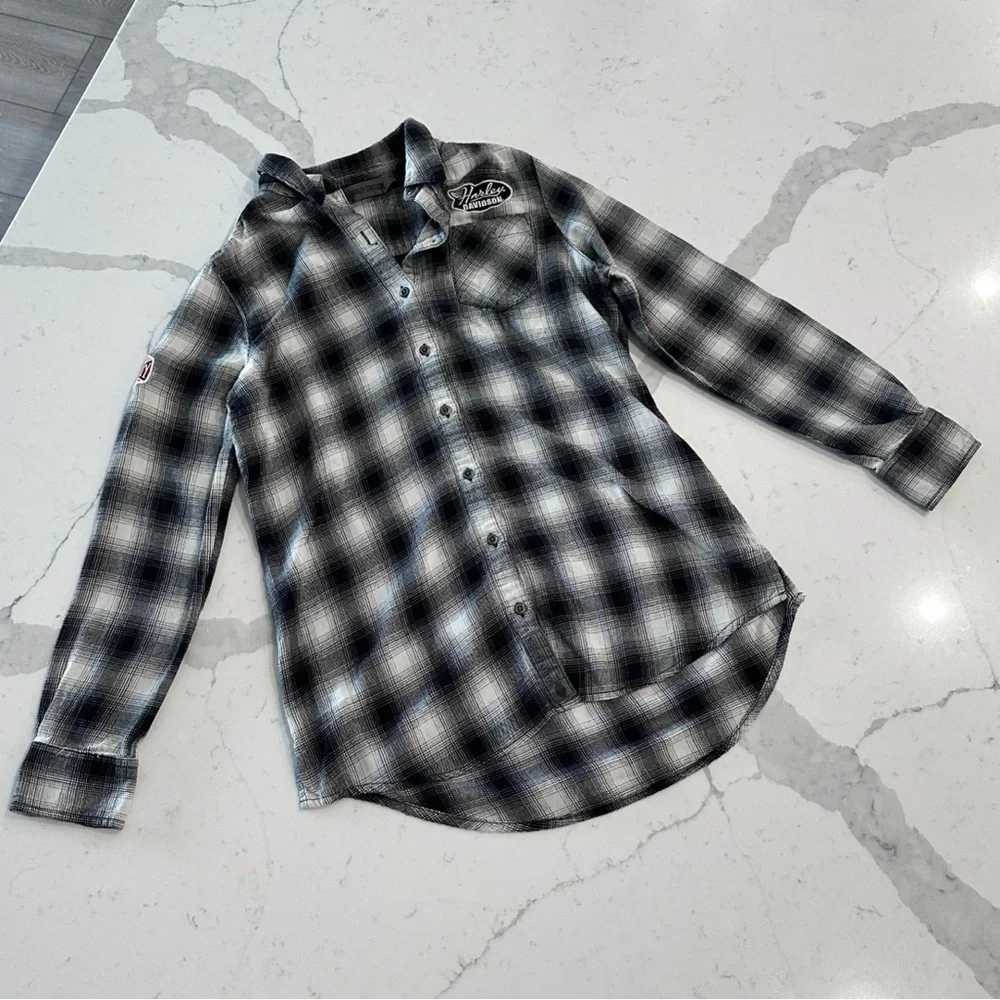 Harley Davidson Black & White Plaid Top - Picture 2 of 7